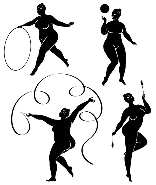 Collection. Gymnastics Silhouette of a girl with a hoop, ribbon, ball, clubs. The woman is overweight, a large body. The girl is a full figure. Set of vector illustrations - ベクター画像