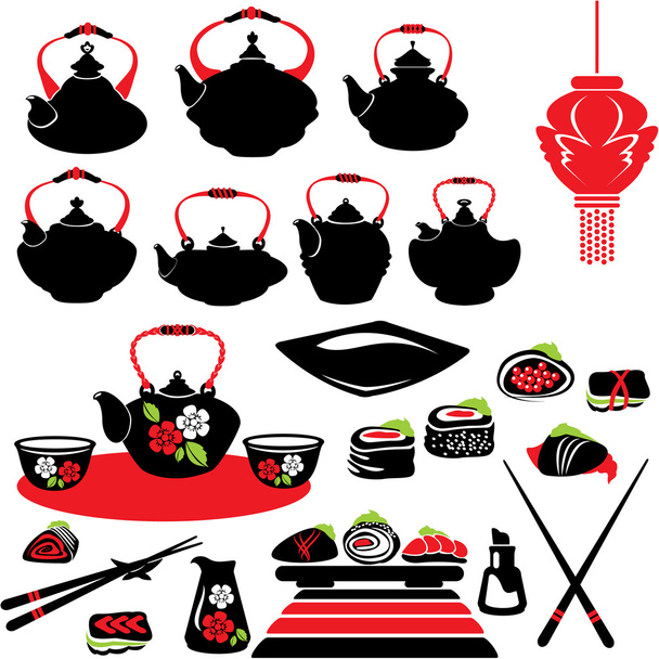 Set of asian food icons - teapot, sushi. - Vektor, obrázek
