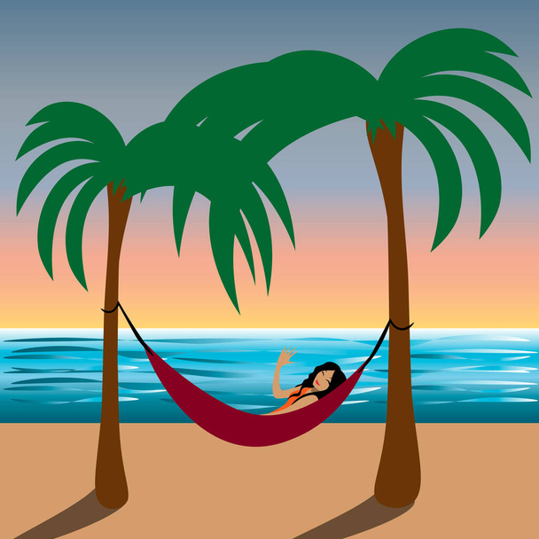 Smiling woman lying in the hammock on the beach and waving her hand - Vector, Image