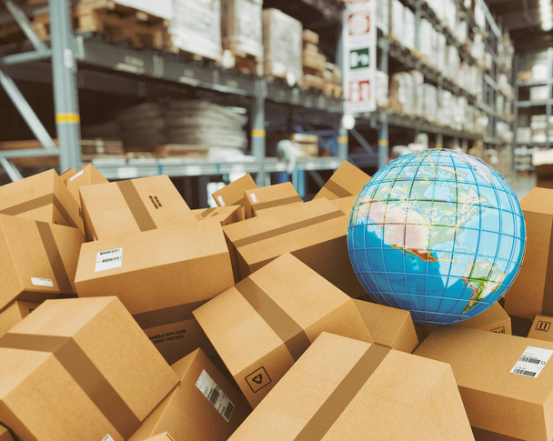 Earth globe on a pile of boxes in a shipping warehouse - Photo, Image