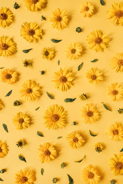 Floral composition with yellow daisy flower buds pattern texture on yellow background. Flatlay, top view. - Фото, зображення