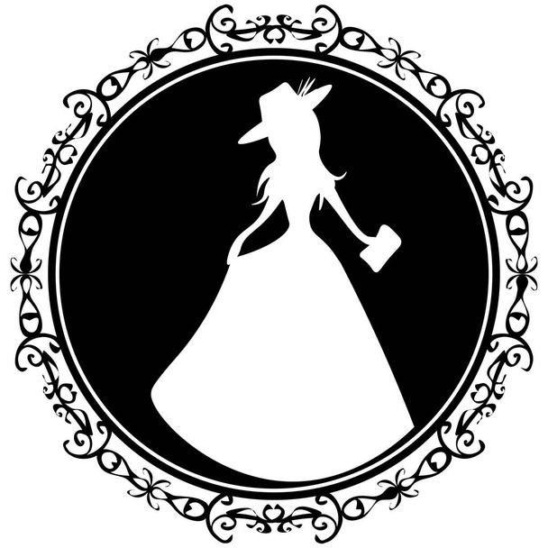 Silhouette of old-fashioned woman in black ornamented circle - Vector, Image
