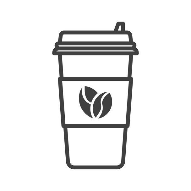 Icon paper cup for coffee with a plastic lid. Linear execution. Image of coffee beans on the label. Isolated vector on a white background. - Вектор, зображення