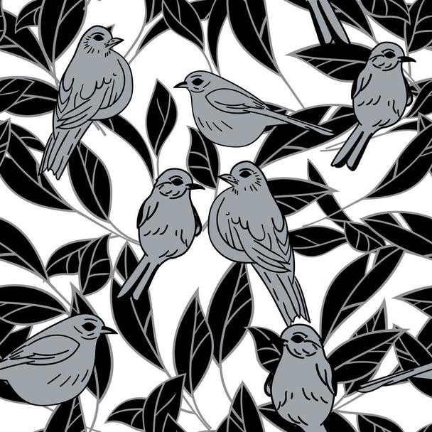 Vector black and white birds leaf seamless background pattern. - Vektor, obrázek