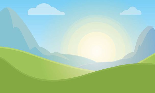 緑の牧草地、空と太陽と自然景観の背景 - ベクター画像