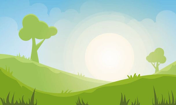 Nature landscape background with green meadow, sky and sun - Vector, Image