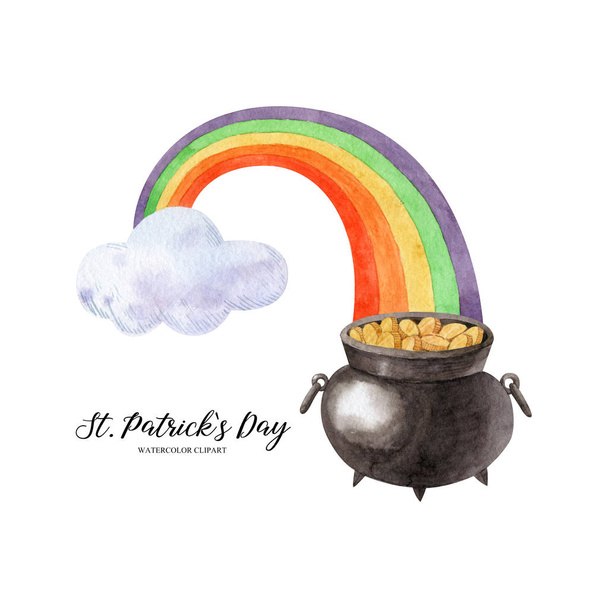Leprechaun pot of gold at the end of rainbow-watercolor illustration isolated on white background. Traditional symbol of Saint Patrick's Day. Hand drawn clipart for greeting cards, invitations. - Photo, Image