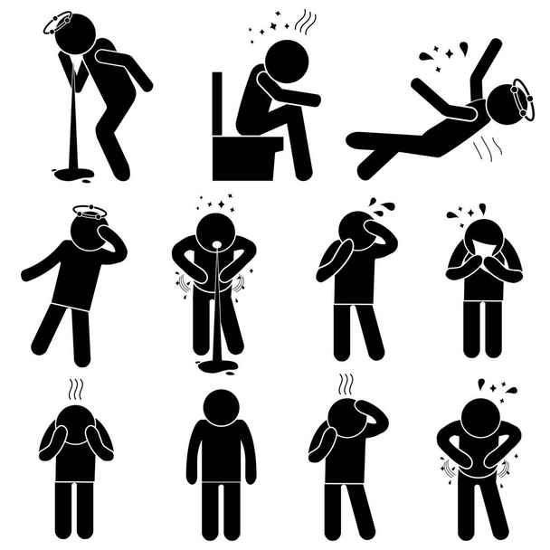 Problemas de digestión, síntomas de gripe, desmayos, vómitos, dolor de cabeza. Set de Iconos de Enfermedades. Ilustración vectorial
 - Vector, Imagen