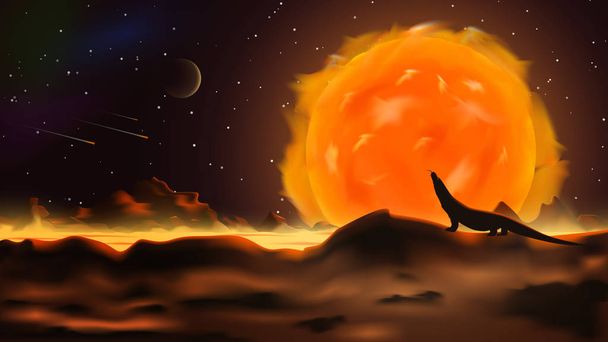Fantastic space landscape in the style of realism. A large burning sun in the sky and a river of lava on the planet. - Vector, Image