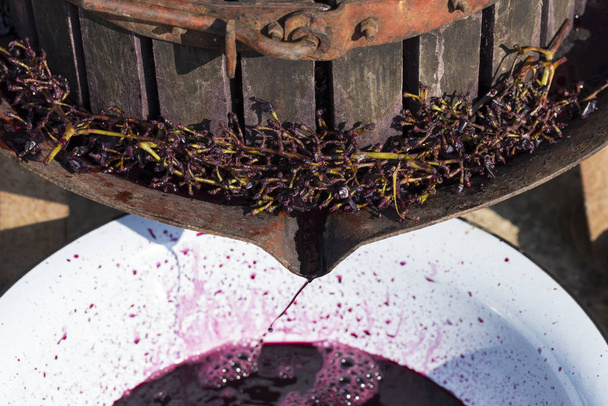 Elaboración. Tecnología de producción de vino en Moldavia. La antigua tradición popular del procesamiento de la uva. El exprimidor se utiliza para presionar el vino
. - Foto, imagen