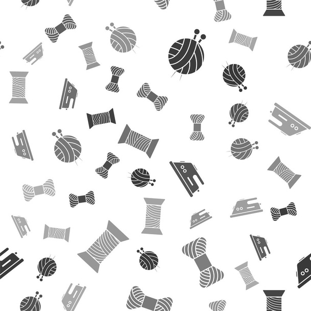 Set Hilado bola con agujas de punto, hilo de coser en carrete, plancha eléctrica e hilo de coser en carrete en patrón sin costura. Vector
 - Vector, imagen