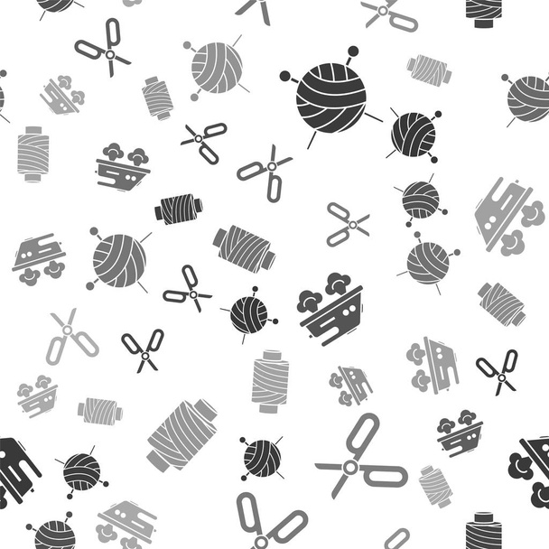 Set bola de hilo con agujas de punto, tijeras, plancha eléctrica e hilo de coser en carrete en patrón sin costura. Vector
 - Vector, imagen