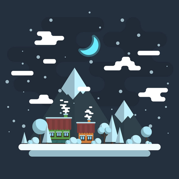 Winternachtslandschaft. Häuser auf einem Hintergrund von Bergen. Vektorflache Abbildung - Vektor, Bild