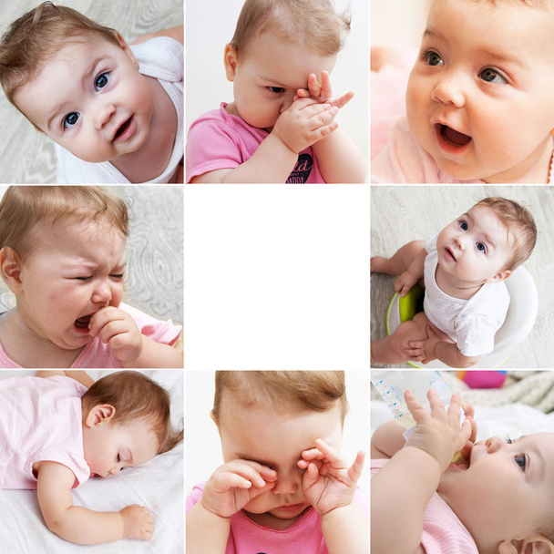 Collage bebé bebé duerme, juega, llora, se sienta en una olla, come. C
 - Foto, Imagen