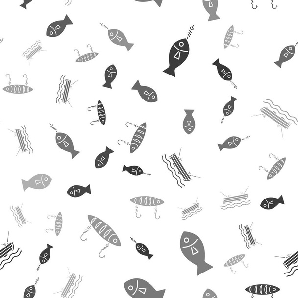 Set Fish on hook, Fish, Fishing boat with fishing rod on water and Fishing lure on seamless pattern. Vector - Wektor, obraz