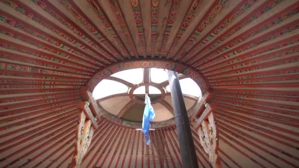 Inside a real Mongolian tent. Traditional mongol yurt interior. There is milk in the pot in the middle stove. Mongolia ger decoration decor furnishing objects equipment style elements house domestic. - Footage, Video