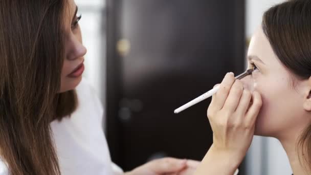 Makeup artist doing makeup for client in beauty salon - Кадры, видео