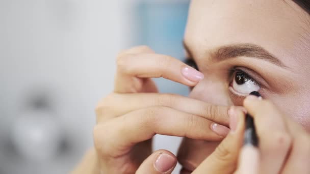 Closeup of face of young lady doing makeup in salon - Felvétel, videó