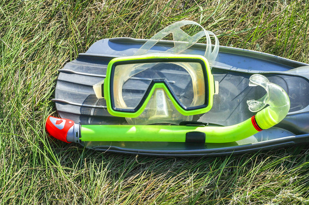 podwodna maska, rurka i płetwy leżące na trawie. sprzęt nurkowy - Zdjęcie, obraz