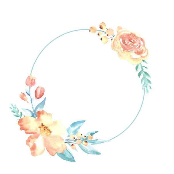 Watercolor elegant circle blue frame with flowers isolated on white background - Foto, imagen