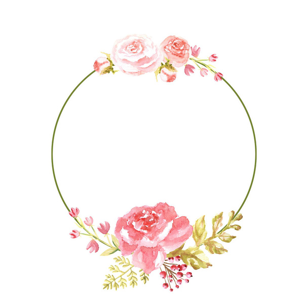 Watercolor elegant circle pink frame with flowers isolated on white background - Foto, imagen