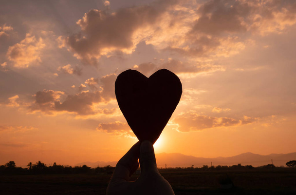 Silhouette du carton en forme de coeur à la main et le soleil shi
 - Photo, image