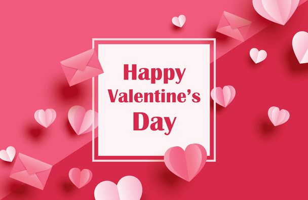 Happy valentines day greeting cards with paper hearts on red  - Vector, imagen