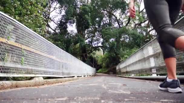 Jonge vrouw op een wandeling loopt over de brug kijkt rond en doet een domme sprong - Video