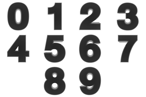 Number from 0 to 9 black color 3D rendering on white background - Photo, image