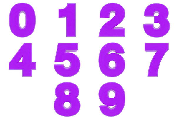 Number from 0 to 9 purple color 3D rendering on white background - Photo, image