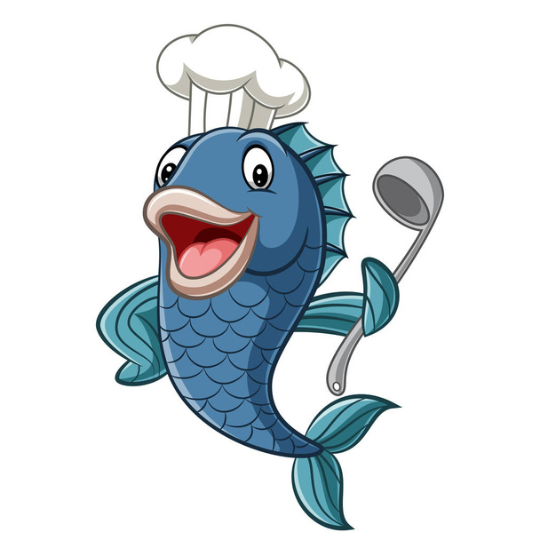 Cartoon chef pesce in possesso di un mestolo zuppa
 - Vettoriali, immagini