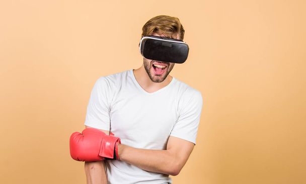 Sport is our life. modern gadget. Training boxing game. vr boxing. future innovation. man in VR glasses. Futuristic gaming. boxing in virtual reality. Digital sport success. man use new technology - Fotografie, Obrázek