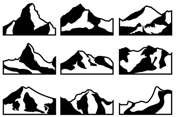 Σύνολο εννέα απεικονίσεις των βουνών και των βράχων. Εικόνες για τουριστικά βιβλιαράκια, αφίσες κ.λπ.. - Διάνυσμα, εικόνα