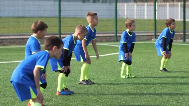 Kinder-Fußballmannschaft wärmt sich auf Fußballplatz auf - Filmmaterial, Video