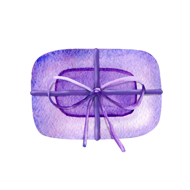 Lavender soap tied with a scourge, ribbon. Hand watercolor illustration isolated on white background close-up. Design for banner, template, advertisement, label, packaging, wrapper. - Foto, imagen