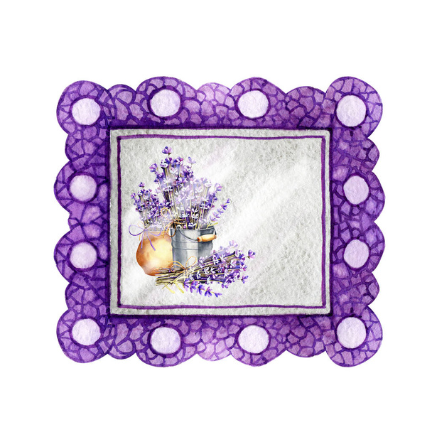 Violet frame border baguette with a pattern for paintings and photographs. Hand drawn watercolor illustration isolated on white background close-up. Design of mocap, presentation, lettering - Photo, Image