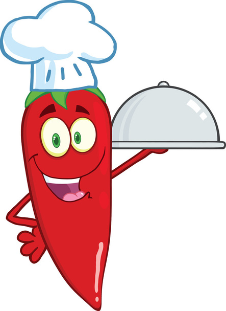 Милий червоний перець чилі шеф-кухар тримає тарілку
 - Фото, зображення