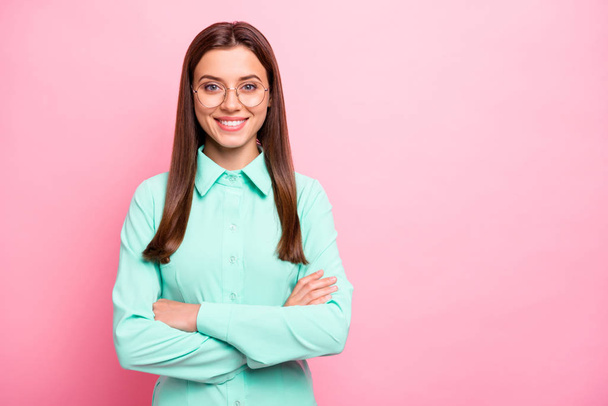 Photo of amazing business lady arms crossed looking friendly toothy smiling best boss wear specs teal shirt with collar isolated pink color background - 写真・画像
