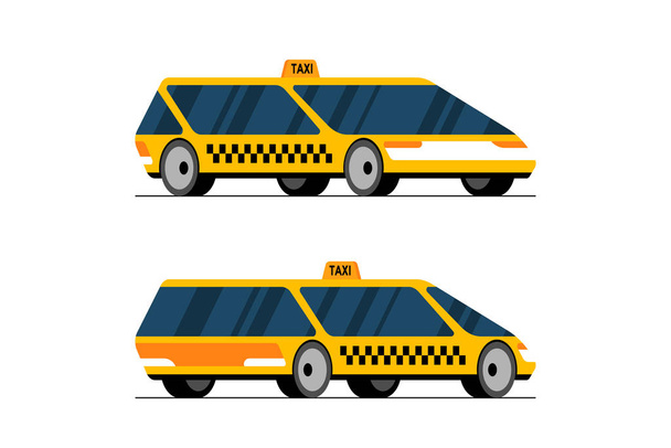 タクシー自動運転車のフロントとバック側の視点ビュー。黄色の未来的な無人概念タクシー都市サービス輸送セット現代フラットベクトルスタイルのイラスト - ベクター画像