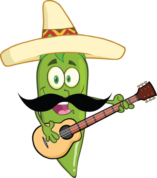 Green Chili Pepper Character With Mexican Hat And Mustache Playing A Guitar - Foto, Imagen