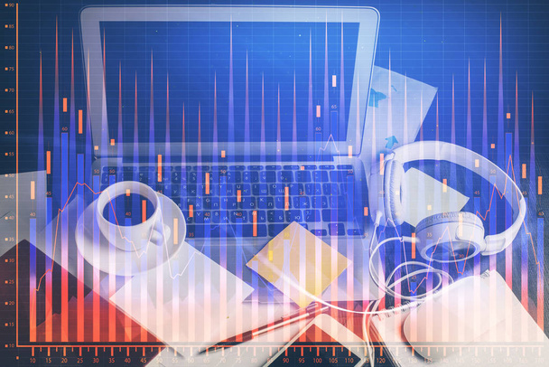 Double exposure of forex chart and work space with computer. Concept of international online trading. - Foto, afbeelding