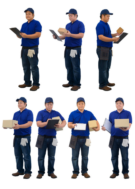 collection set of asian delivery man working in blue shirt with  - Photo, Image