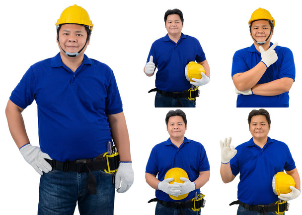 collection set of construction man workers in blue shirt with Pr - Photo, Image