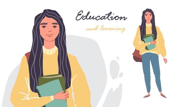 Young women in casual clothes with backbackpacks and books. - Vector, afbeelding
