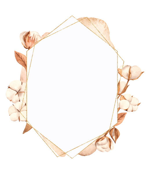 Aquarel gouden polygonaal frame met katoen, takken, bladeren - Foto, afbeelding