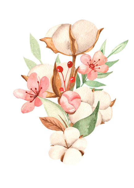 Buquê de aquarela com algodão, ramos, folhas, flores de cereja
 - Foto, Imagem