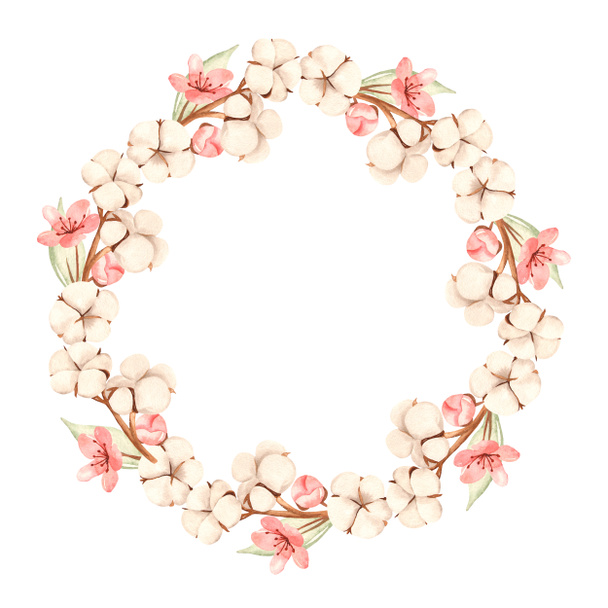 Watercolor wreath made of cotton twigs and cherry flowers - Photo, Image