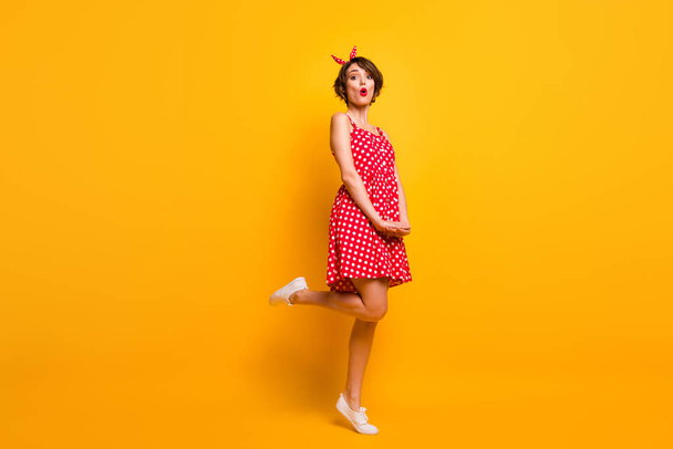 Full length photo of astonished girl have spring relax rest free time stare see incredible discount impressed scream wear stylish clothes shoes isolated over bright color background - Φωτογραφία, εικόνα