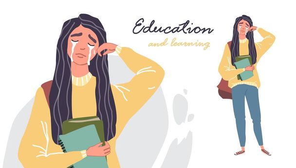 Young women in casual clothes with backbackpacks and books crying - Vector, afbeelding