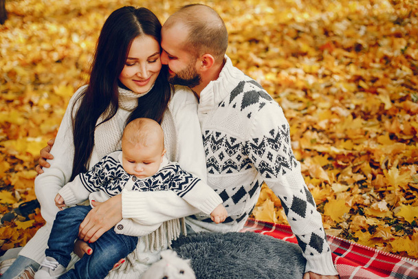 Perhe pojan kanssa syksyllä puistossa
 - Valokuva, kuva